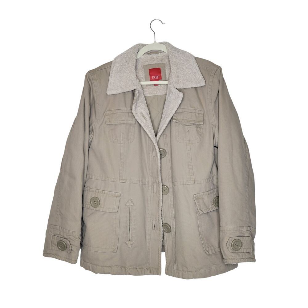 Vintage Esprit Canvas Chore Jacket Women XL Quilt Lined Sherpa Trim Y2K 90s Gorp